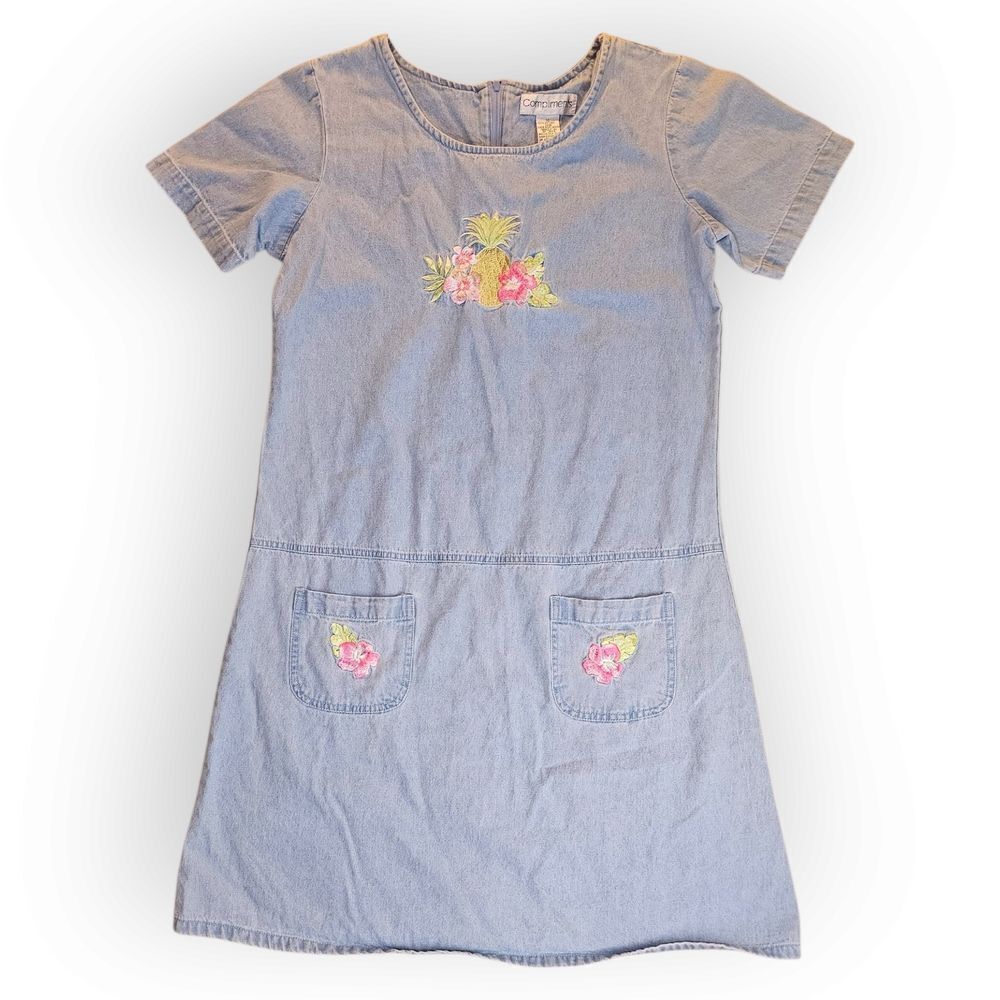 🌸 Vintage Compliments Denim Shift Dress | Floral Embroidered | Medium